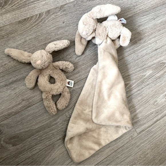 Jellycat Bashful Bunny Lovey Security Blanket AND Bunny Rattle: 2 Beige Plushies - Picture 1 of 7